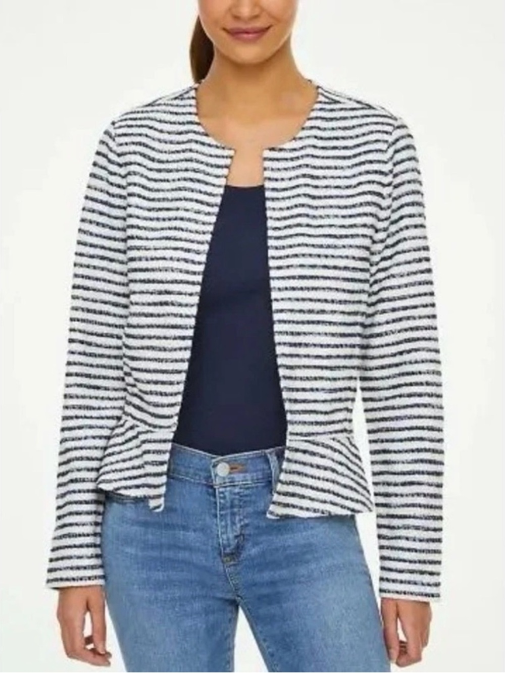 LOFT Womens Soft Peplum Knit Blazer Size Large Navy Cream Stripe Academia Preppy